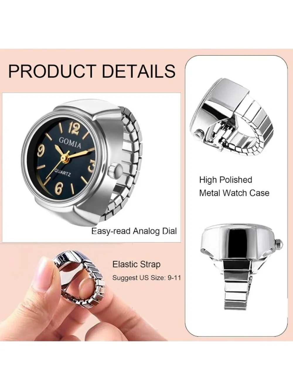 Unisex Silver Analog Quartz Stretchy Elastic Band Analogue Finger Ring Watch